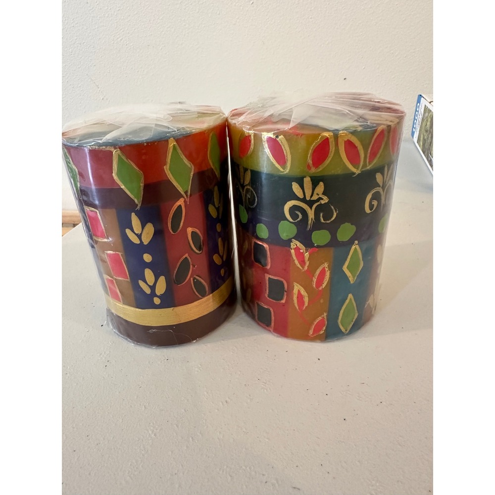 Petalura Hand Painted Pillar Candles Set of 2 South Africa Multi Color Boho 4in